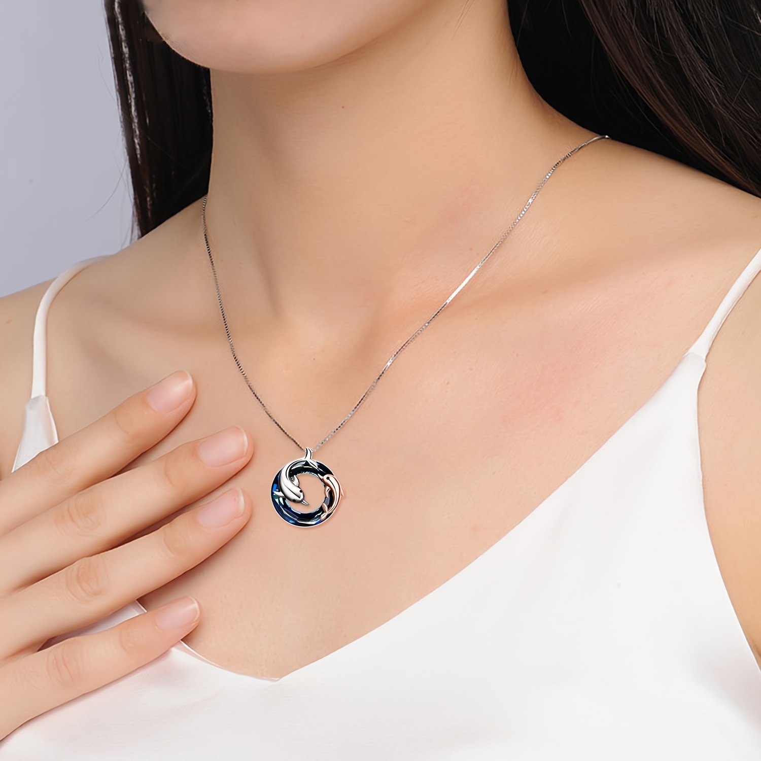 Dolphin Necklace with Blue Crystals, Gift for Sisters